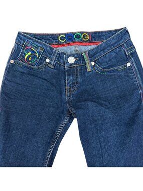 VTG Coogi Womens Bootcut Jeans Dark Wash Denim Rainbow Embroidery Size 7 EUC